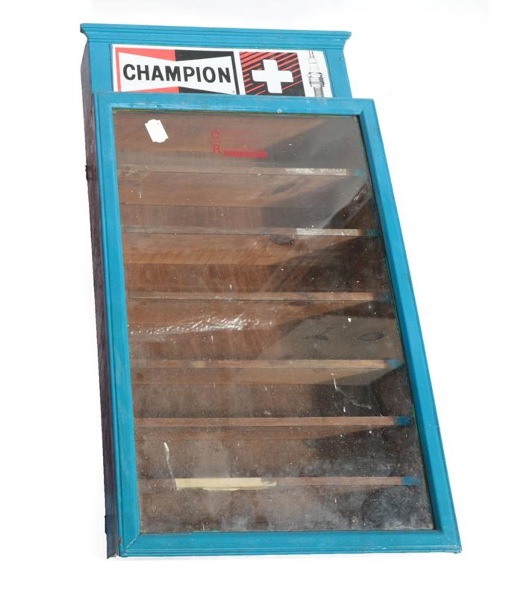 A Mid 20th Century Workshop Wall-Mounted Display Cabinet for Champion Spark Plugs, the glazed door