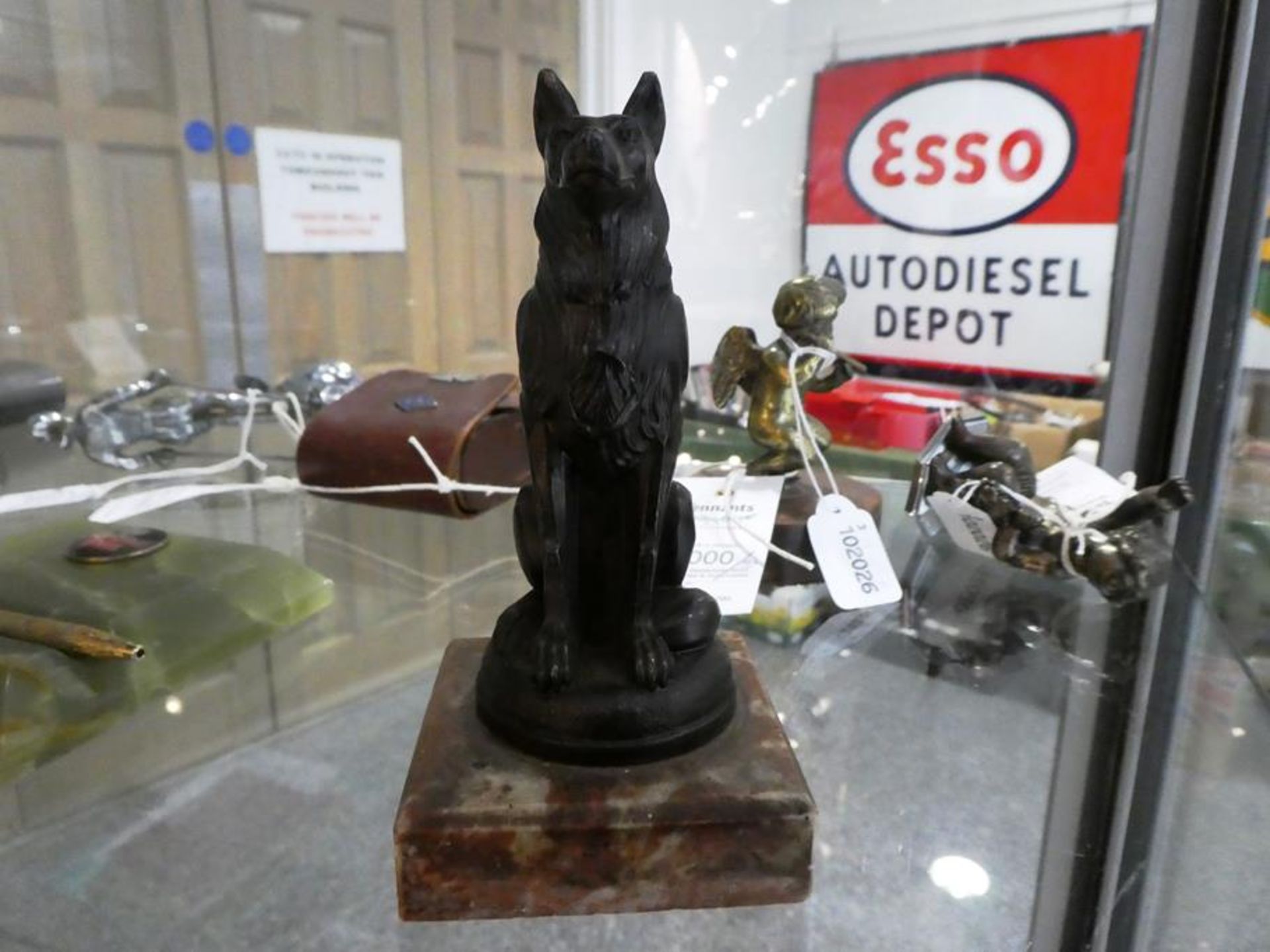 A 1920's Bronze Cast Dog Mascot, signed Ruffony, modelled as a seated Alsatian, on a circular - Bild 6 aus 14