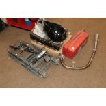 Heavy Duty Trolly Jack and Assortment of Tools and Motorcycle Parts including tank, exhaust,