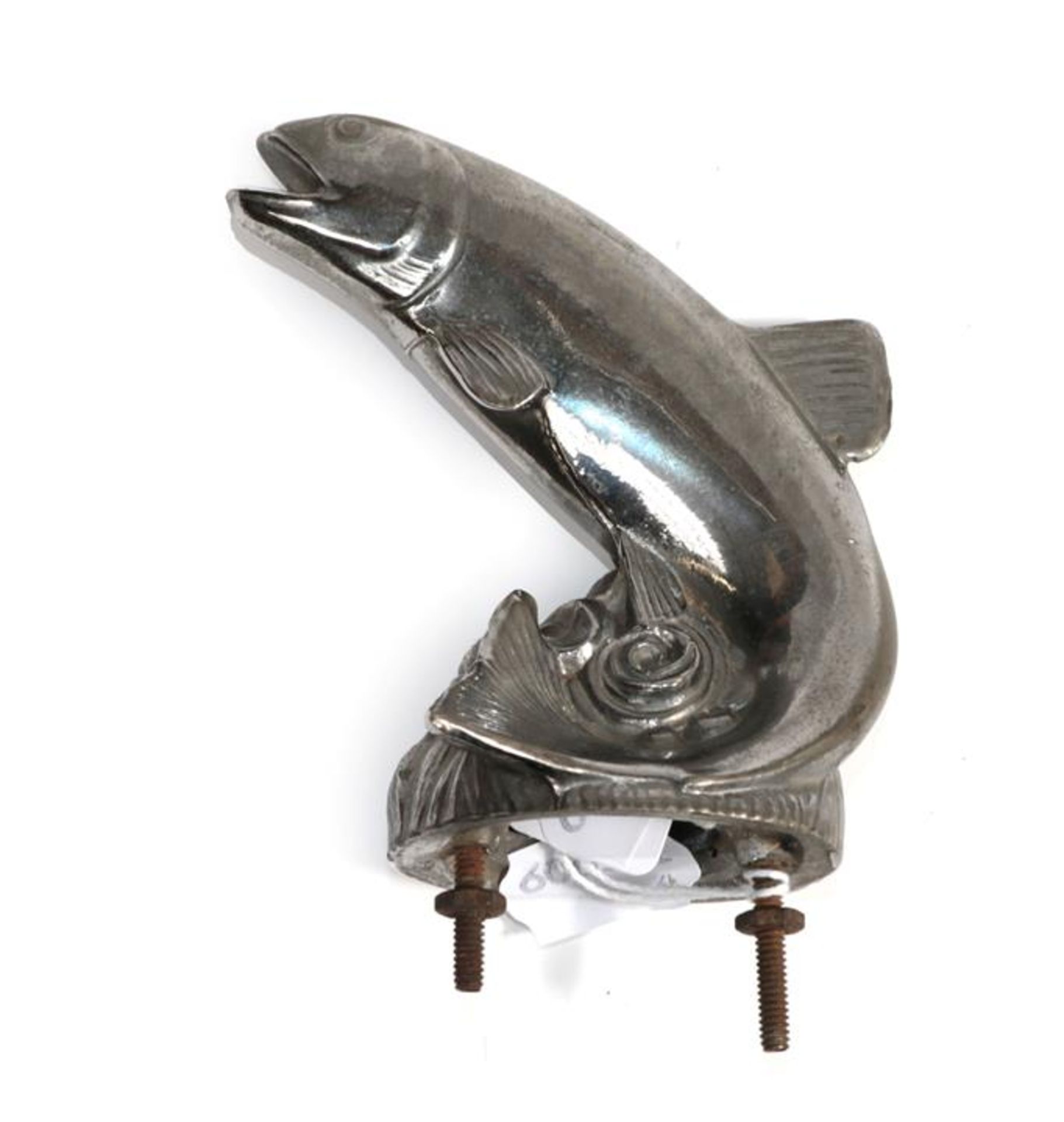 A 1920/30 Hollow Cast Metal Car Mascot as a Leaping Salmon, the scrolled base fitted with bolts to