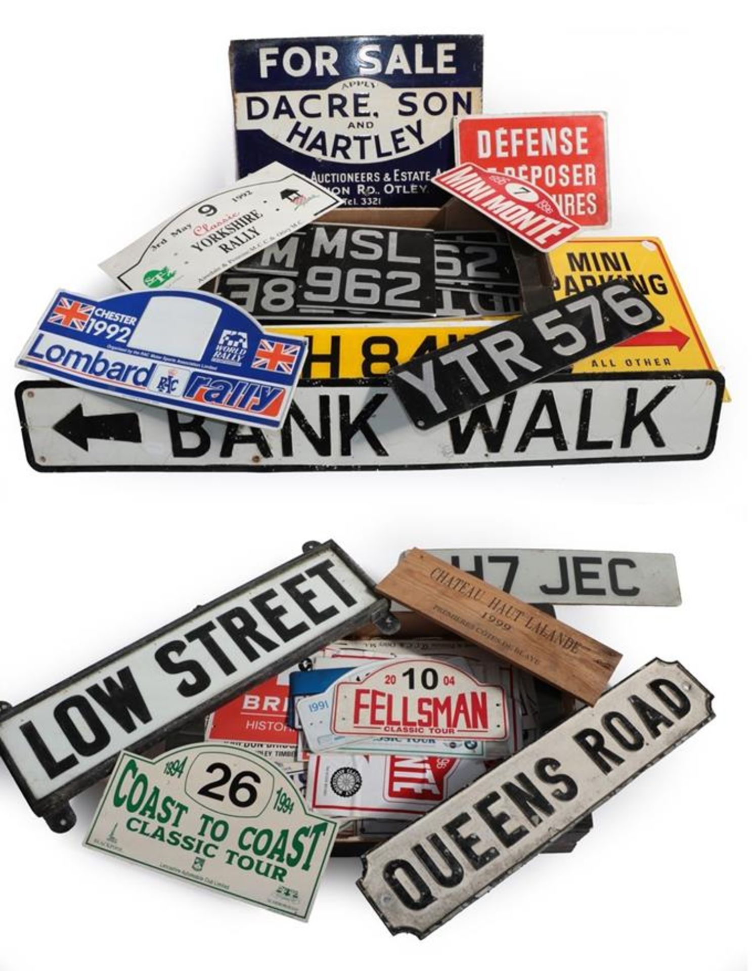 A Box of Assorted Number Plates and Signs, to include old-style pressed metal examples, modern