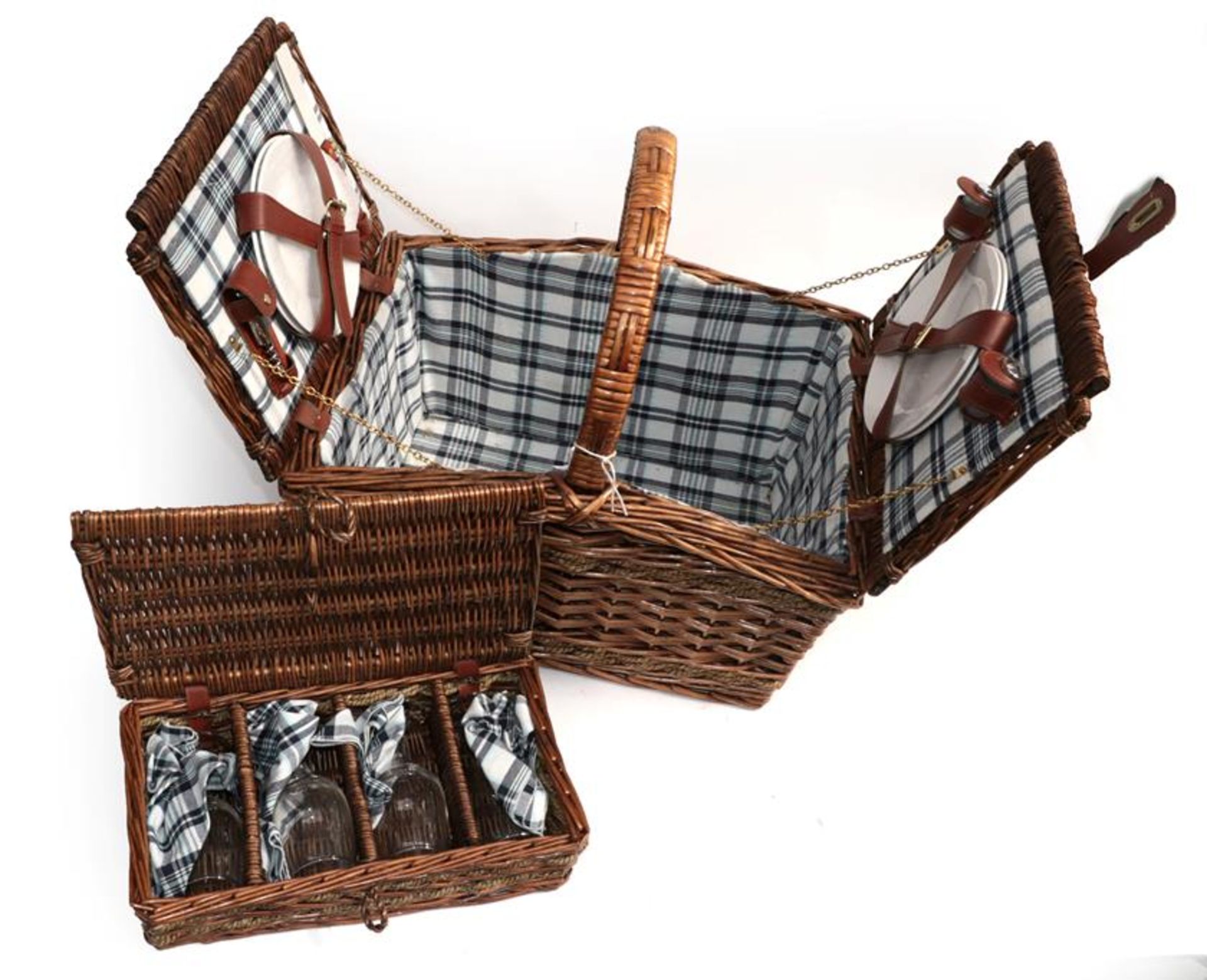 A Mercedes-Benz Picnic Hamper, apparently in unused condition, the blue and white tartan lined