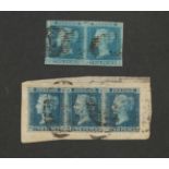 Sg14 2d Blue pair lettered JH.JI. 3 x Sg45 2d Blue plate 9 used trio on piece. 1862 Cover again with