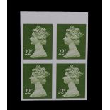 X963a 22p Yellow/Green Imperf Block of 4. Unmounted mint. Cat £5400 Very Scarce.