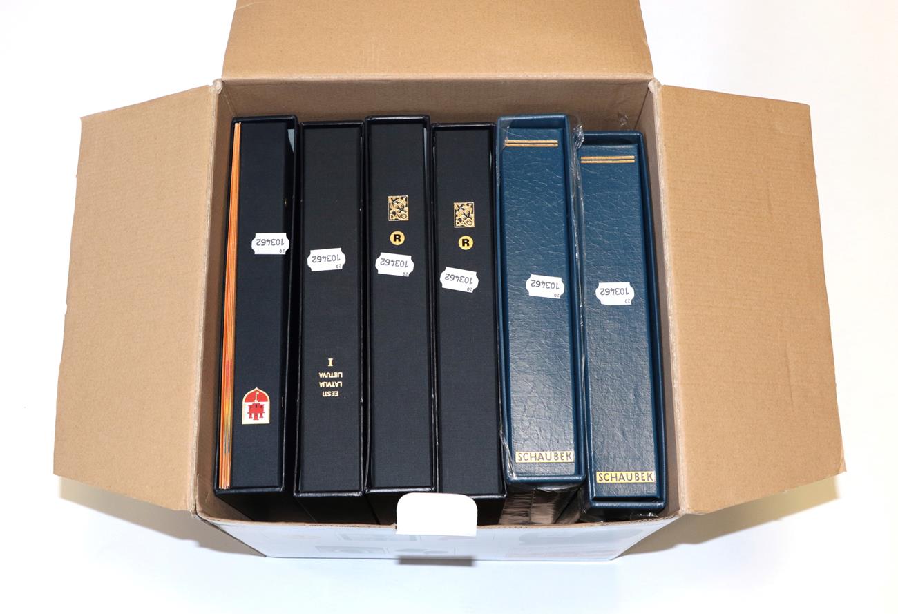 Box unused new Albums x 6 with slip cases. 2 x Schaubek peg album no pages. 2 x Davo Albums with