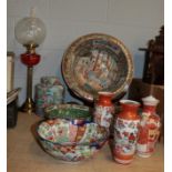 A group of Oriental items including Japanese Kutani vases (converted); Imari bowl; and modern Canton
