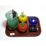 Mihai Topescu green glass vase, two pieces of coloured fruit, blue squat glass candlestick and
