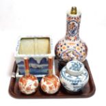 A 19th century blue and white Chinese square planter, pair of Japanese Kutani vases, a blue and