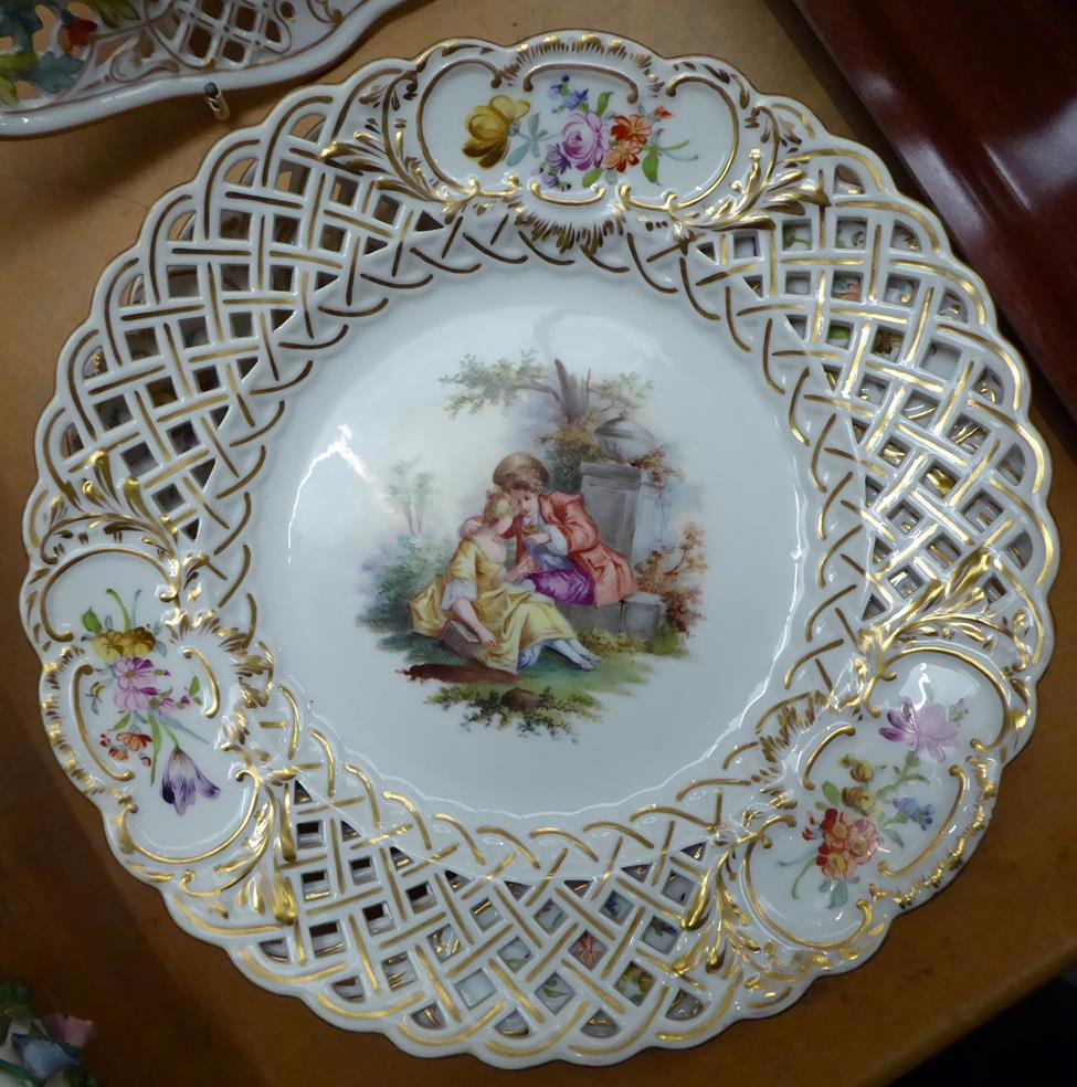 Six 20th century Meissen dessert plates, each with pierced border, floral vignettes and central - Image 13 of 15