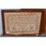 A 19th century needlework sampler by Amelia Bachelor, Berkswell school 1853