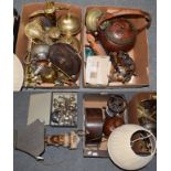 Three boxes of miscellaneous items including Middle Eastern brass and other metal wares; modern