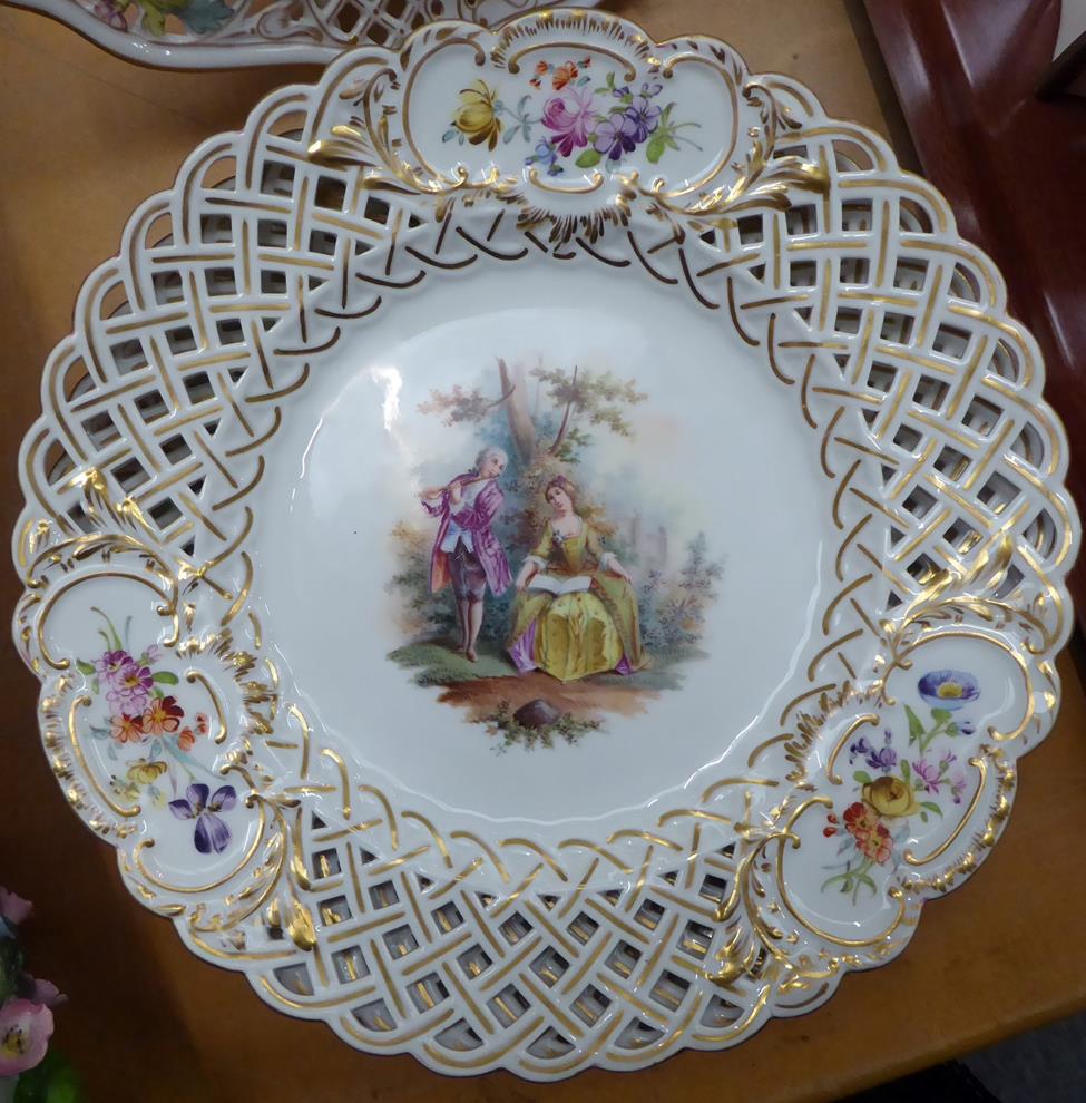 Six 20th century Meissen dessert plates, each with pierced border, floral vignettes and central - Image 9 of 15