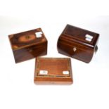 A bird's eye maple two-division tea caddy, circa 1830; a George III inlaid mahogany tea caddy; and a