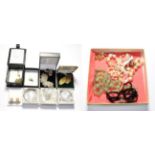 A baroque pearl necklace; an opal pendant; silver filigree butterfly brooch and earrings; a quartz
