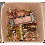 A box of assorted 19th century copper and brass, including harvest jugs, trivets etc