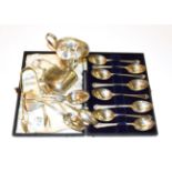 Two pairs of Victorian silver sugar nips, silver cream jug, set of six silver teaspoons, set of