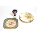 A Royal Worcester floral painted gilt-highlight plate, signed E.Barker (a.f.); together with three