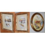 A pair of painted porcelain panels depicting sheep in a snowy landscape, each signed M.Holloway (