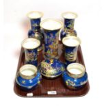 Carlton ware chinoiserie lustre vases comprising three matched pairs of vases, a bowl and cover
