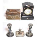 Rosewood tea caddy, pair of Old Sheffield plate candlesticks, chamber candlestick and a mantle