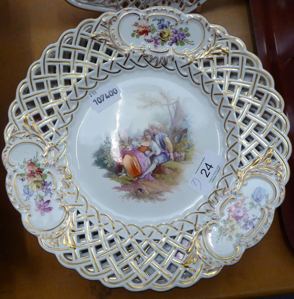 Six 20th century Meissen dessert plates, each with pierced border, floral vignettes and central - Image 5 of 15