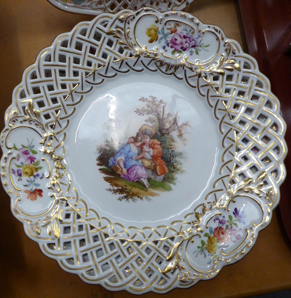 Six 20th century Meissen dessert plates, each with pierced border, floral vignettes and central - Image 7 of 15