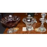 Baccarat candlestick; a large Bohemian pedestal bowl; and a glass jar and cover (3)