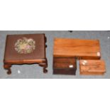 Early 20th century walnut foot stool, mahogany hinged box, 18th century small box and a olive wood