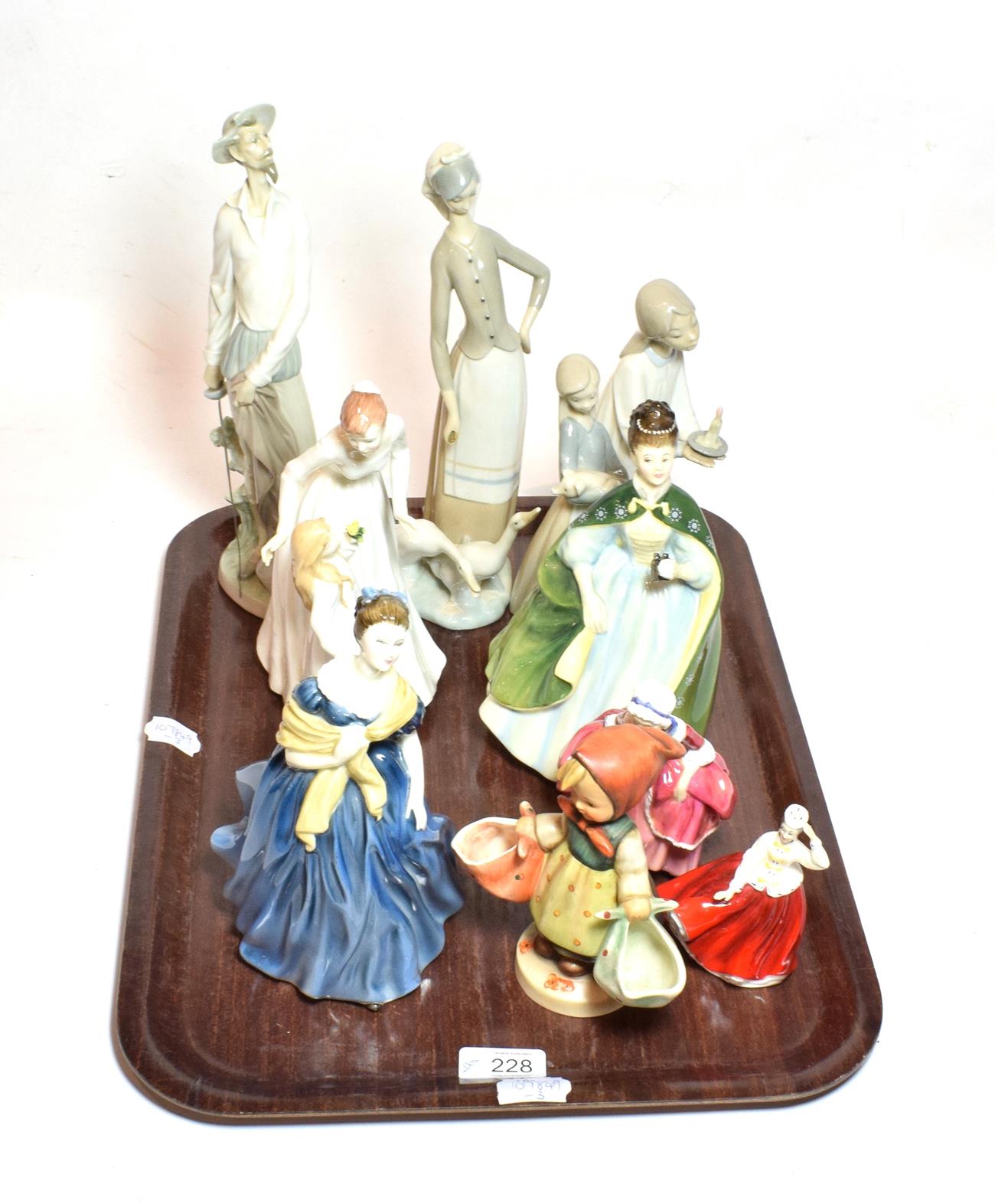 A tray of ceramic figures including Lladro and Royal Doulton together with a box of miscellaneous