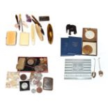 Assorted items including a pair of silver spoons; a mother-of-pearl card case; a silver cigarette