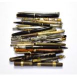 A collection of assorted silver, white metal and plated pens, pencils and other items, together with