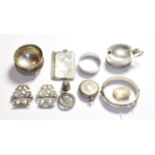 Assorted silver items including a mustard pot, stiff hinge bangle, watch case etc. various dates and