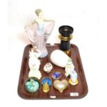 Lladro figures, Coalport, Royal Worcester candle snuffers, glass paperweights including Okra &