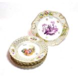 Six 20th century Meissen dessert plates, each with pierced border, floral vignettes and central