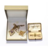 A group of Edwardian jewellery including an amethyst and seed pearl pendant on chain, pendant