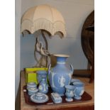 Wedgewood jasper wares, including twin handled campana urn, small vases, trinket boxes, pin trays