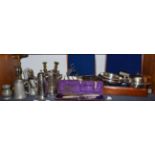 Assorted metal wares including planished white metal bowl, cased flatware including a canteen of
