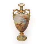 A Royal Worcester porcelain twin-handled vase, painted by James Stinton, painted with partridge,