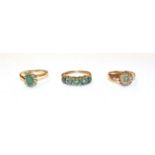 Three 9 carat gold emerald and diamond dress rings, various designs and finger sizes . Gross