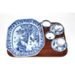 A 19th century Chinese export blue and white plate, 38cm by 30cm, together with two 18th century