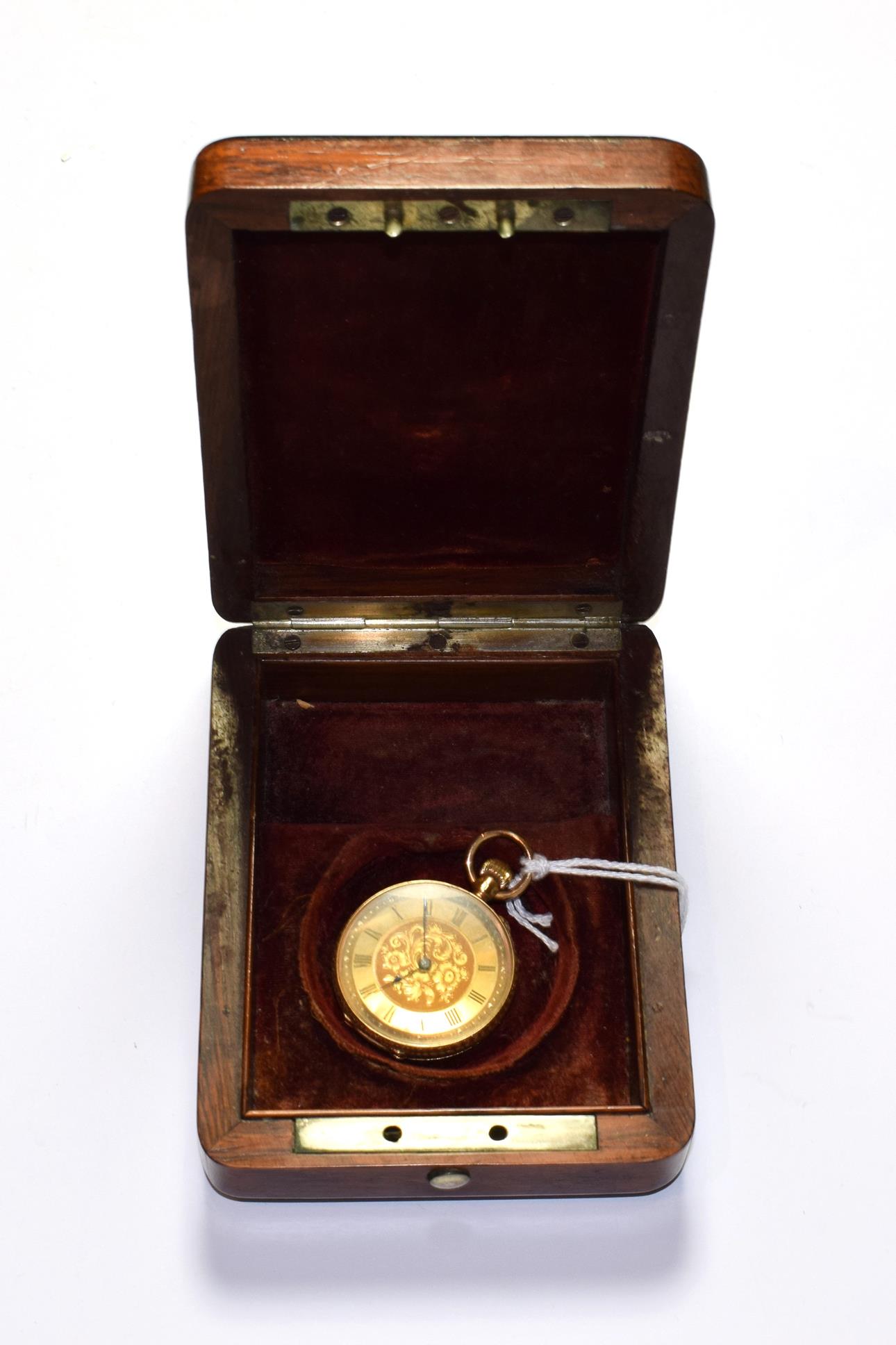A lady's fob watch with case stamped 14c, together with a rosewood and mother-of-pearl inlaid