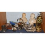 A selection of silver plated ware, anniversary glass domed mantel timepiece, pair of busts of ''