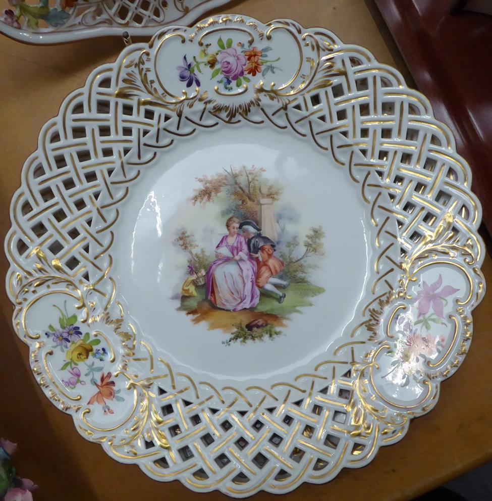 Six 20th century Meissen dessert plates, each with pierced border, floral vignettes and central - Image 11 of 15