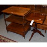 A 19th century mahogany tripod table fitted with a drawer; a mahogany three-tier whatnot of
