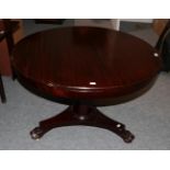 A 19th century circular topped mahogany pedestal table with tapering faceted standard on a waisted