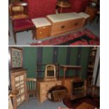 A group of furniture comprising an oak bedside cupboard; a 19th century chair; a needlework