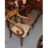 A 19th century mahogany carver; a pair of Victorian balloon-back dining chairs; and another mahogany