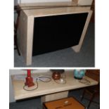 A modern travertine pedestal dining table, together with a modern travertine double door cabinet (2)