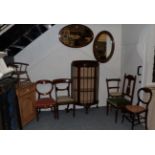 A group of furniture comprising six various chairs; small pine cupboard; two painted magazine