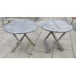 Two circular folding garden tables